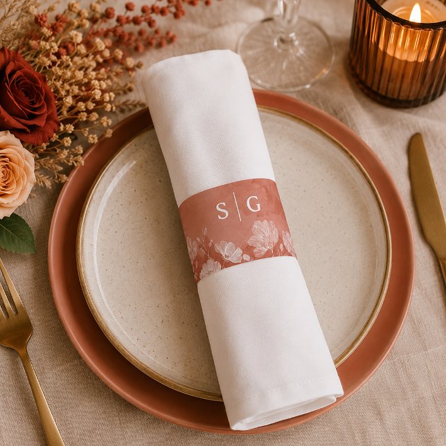 Fall in Love Rust Floral Monogram Napkin Wrap (Elegant autumnal table setting)