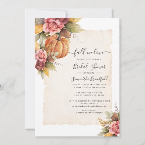 Fall in Love Rust Flowers Pumpkin Bridal Shower Invitation