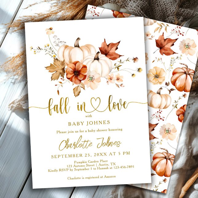 Fall In Love Rust Pumpkin Gold Cream Baby Shower Invitation (Creator Uploaded)