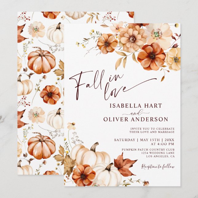 Fall In Love Rust Red Beige Pumpkin Wedding Invitation (Front/Back)