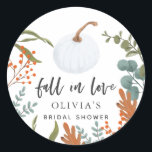 Fall In Love Rustic Autumn Botanical Bridal Shower Classic Round Sticker<br><div class="desc">Cute and modern bridal shower favor sticker featuring illustration of white pumpkin and autumn botanicals. The text says "fall in love."</div>