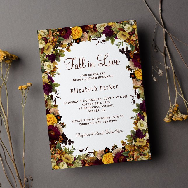 Fall in love rustic autumn floral bridal shower invitation (Creator Uploaded)