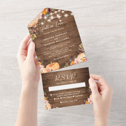 Fall in Love Rustic Autumn Floral Pumpkin Wedding All In One Invitation - These "Fall in Love Rustic Autumn Floral Pumpkin Wedding All in One Invitations" are designed with an easy to tear off perforated RSVP postcard. Just simply fold each card into the outlined shape, and then seal and send - no envelope needed for shipping.