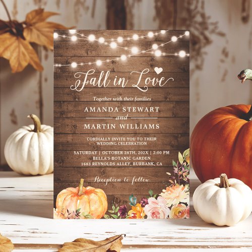 Fall in Love Rustic Autumn Floral Pumpkin Wedding Invitation