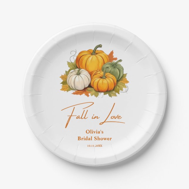 Fall in Love Rustic Autumn Pumpkin Bridal Shower  Paper Plates (Front)
