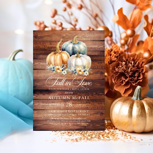 Fall in Love Rustic Bridal Shower Gold Pumpkins Invitation