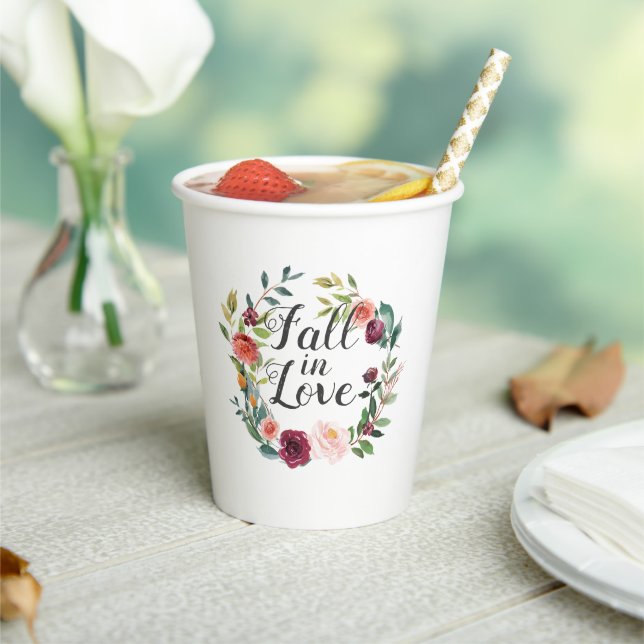 Fall in Love Rustic Burgundy Floral Wedding Paper Cups (Insitu)
