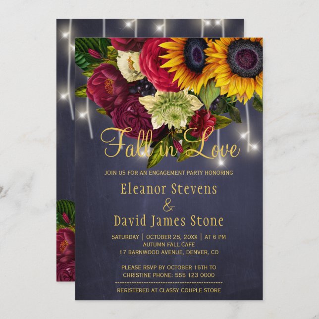 Fall in love rustic chic floral navy engagement invitation (Front/Back)