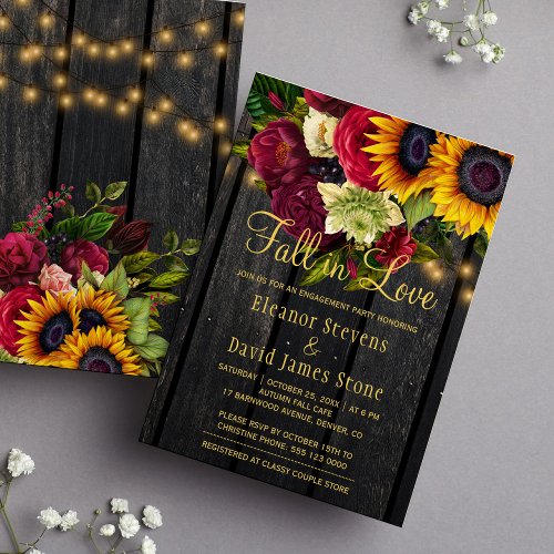 Fall in love rustic chic floral wood engagement invitation