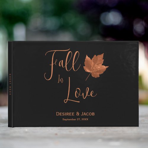 Fall In Love Rustic Copper Brown Black Maple Leaf Guest Book