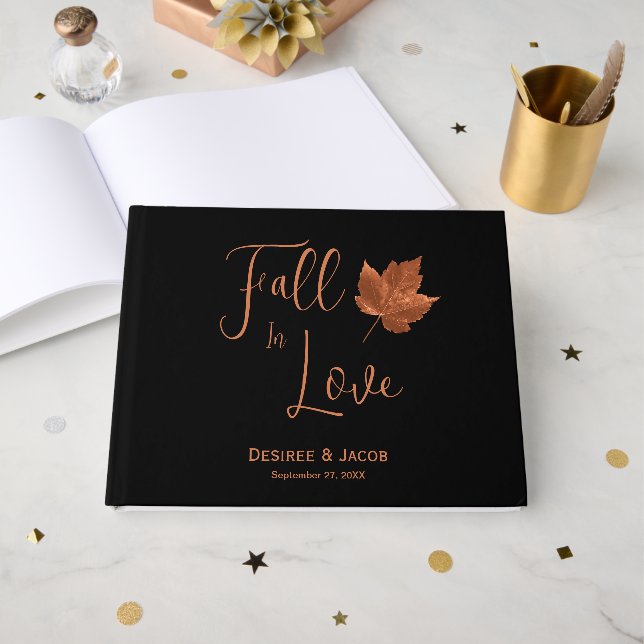 Fall In Love Rustic Copper Brown Black Maple Leaf Guest Book (Front Open)