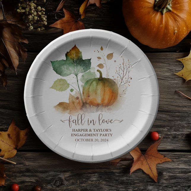 Fall In Love Rustic Elegant Pumpkin Paper Plates (Fall in love with our romantic autumn collection)