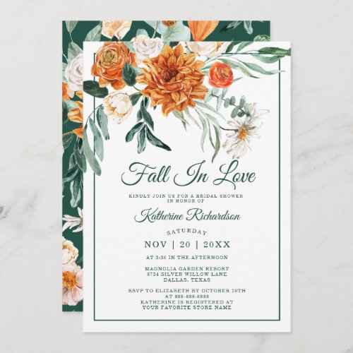 Fall In Love Rustic Floral Autumn Bridal Shower Invitation