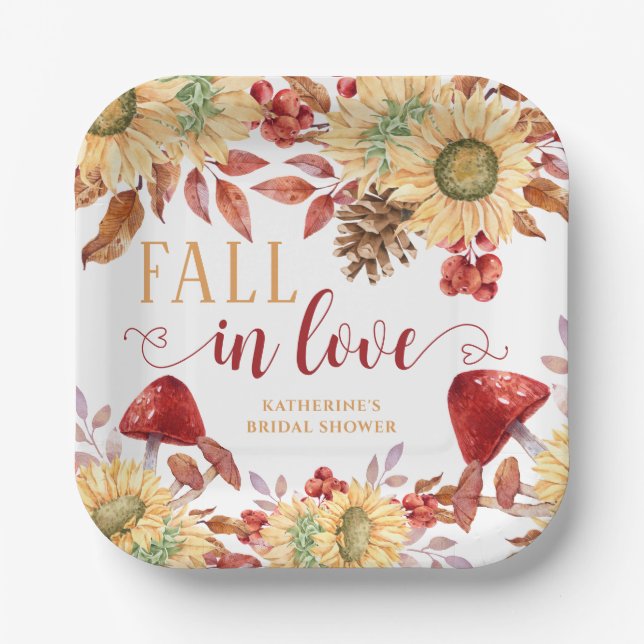 Fall In Love Rustic Floral Autumn Bridal Shower Paper Plates (Front)