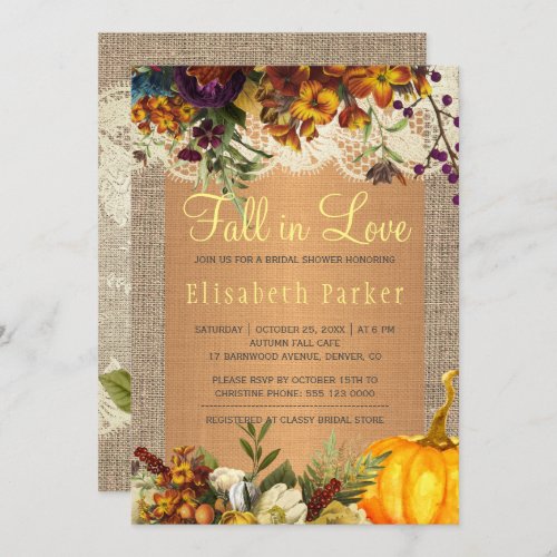 Fall in Love rustic floral burlap bridal shower Invitation