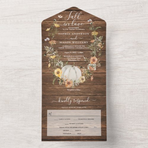 Fall in Love Rustic Floral Harvest Pumpkin Wedding All In One Invitation