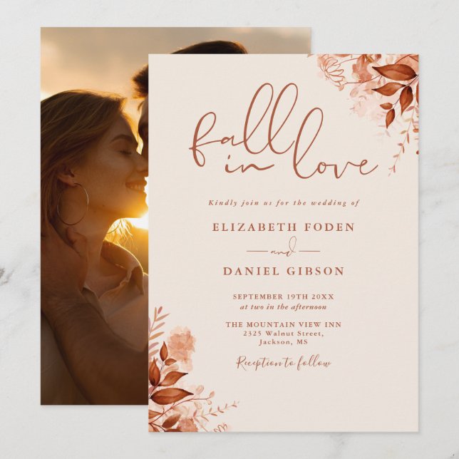 Fall in Love Rustic Floral Photo Wedding Invitation (Front/Back)