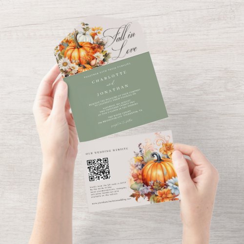 Fall in Love Rustic Floral Pumpkin Autumn Wedding All In One Invitation