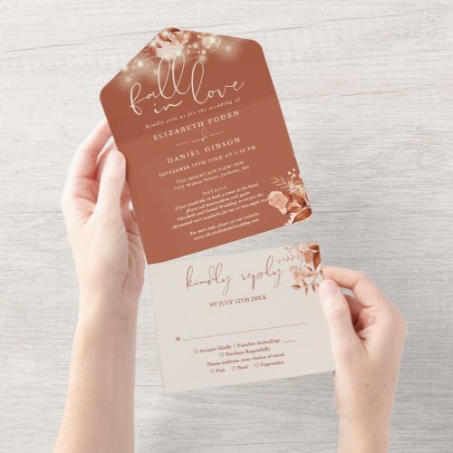 Fall In Love Rustic Floral String Lights Wedding All In One Invitation