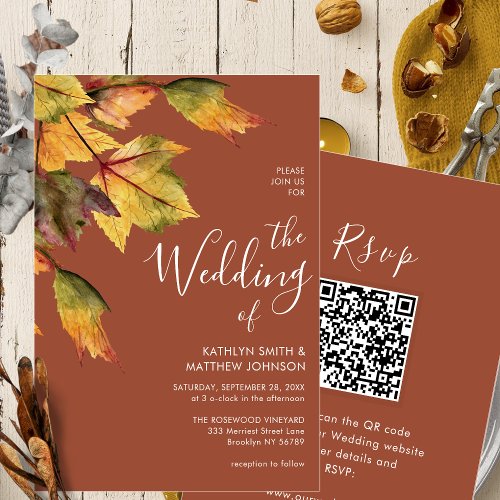 Fall in Love Rustic Foliage Autumn Wedding QR code Invitation