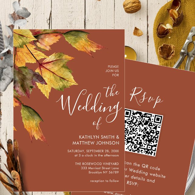 Fall in Love Rustic Foliage Autumn Wedding QR code Invitation (Creator Uploaded)