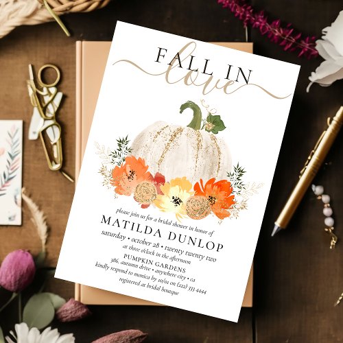 Fall in Love Rustic Glitter Pumpkin Bridal Shower Invitation