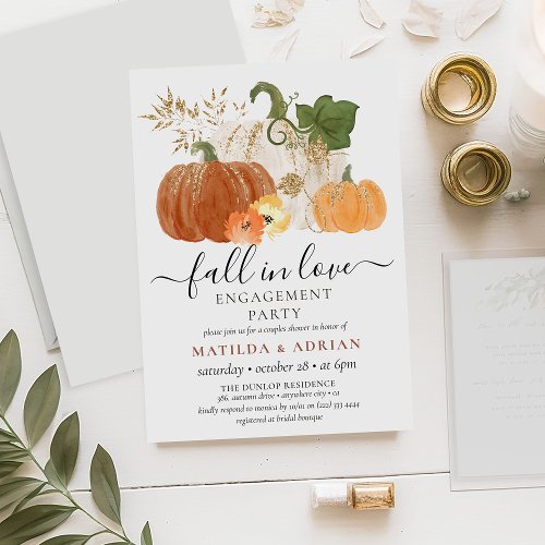 Fall in Love Rustic Glitter Pumpkin Engagement  Invitation