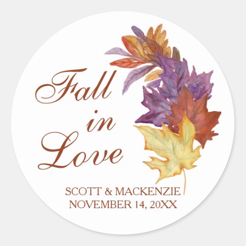 Fall in Love Rustic Leaves Bridal Wedding Favor Classic Round Sticker