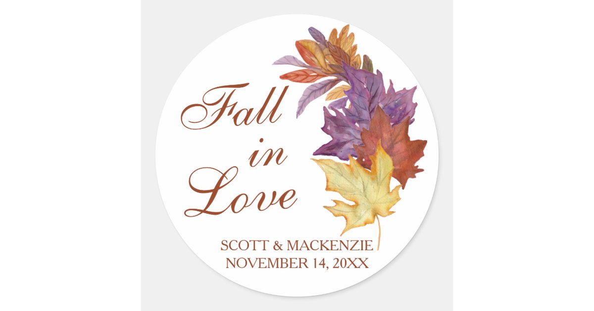 Fall in Love Rustic Leaves Bridal Wedding Favor Classic Round Sticker ...