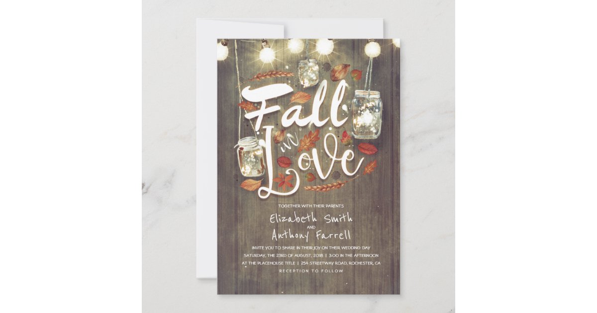 Fall in Love Rustic Mason Jar Lights Wedding Invitation | Zazzle