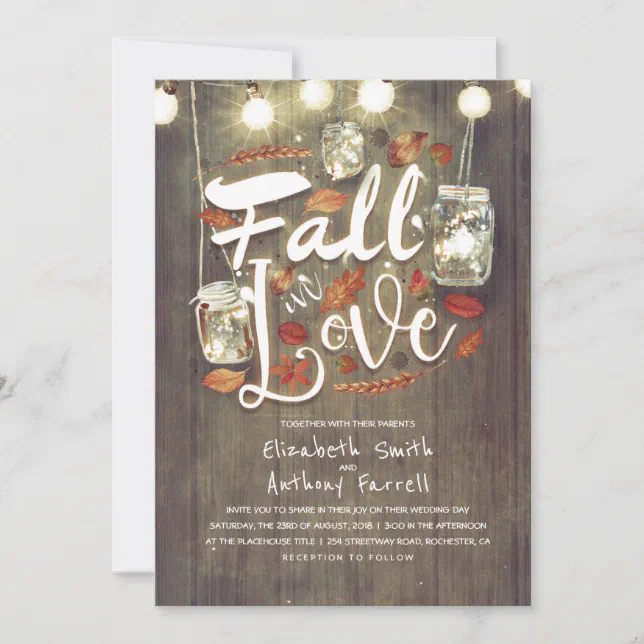 Fall in Love Rustic Mason Jar Lights Wedding Invitation | Zazzle
