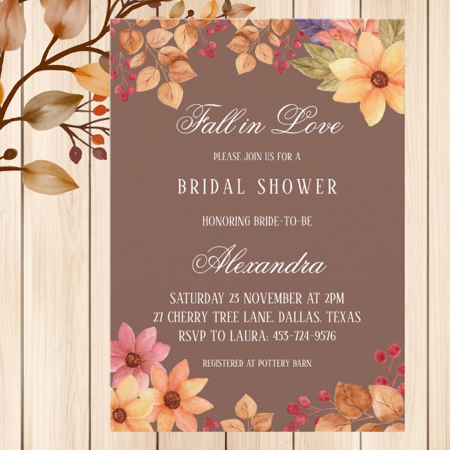 Fall in Love Rustic Mocha Autumn Bridal Shower Invitation (Creator Uploaded)