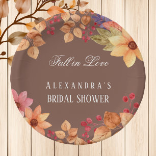 Fall in Love Rustic Mocha Autumn Bridal Shower Paper Plates