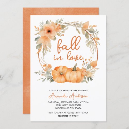 Fall in Love Rustic Orange Pumpkin Bridal Shower Invitation