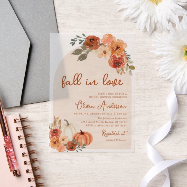 Fall in Love Rustic Orange Pumpkin Bridal Shower Vellum Invitations (Wedding)