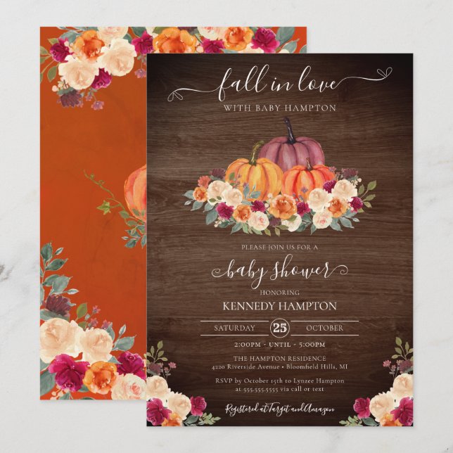 Fall in Love - Rustic Pumpkin Autumn Baby Shower Invitation (Front/Back)
