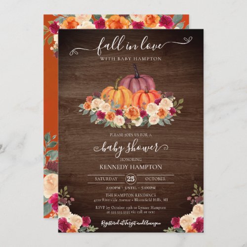 Fall in Love _ Rustic Pumpkin Autumn Baby Shower Invitation