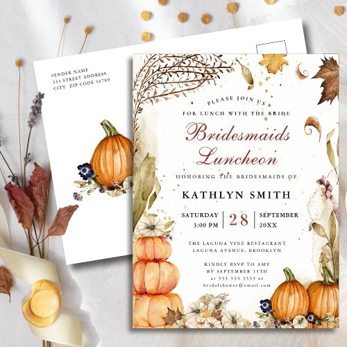 Fall In Love Rustic Pumpkin Bridesmaids Luncheon Invitation Postcard
