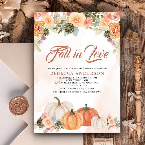 Fall in Love Rustic Pumpkin Floral Bridal Shower Invitation