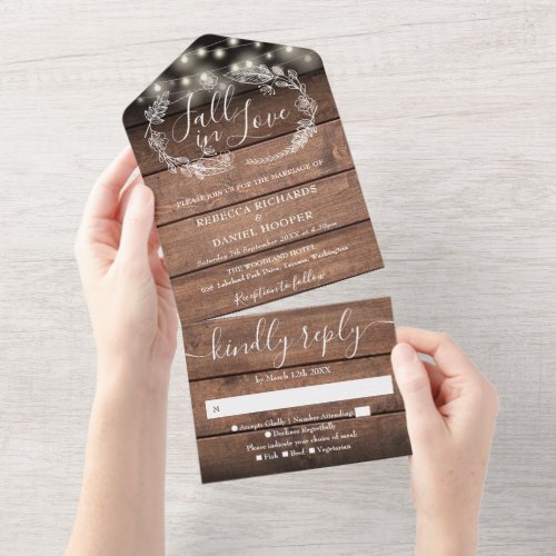 Fall In Love Rustic String Lights Floral Wedding All In One Invitation