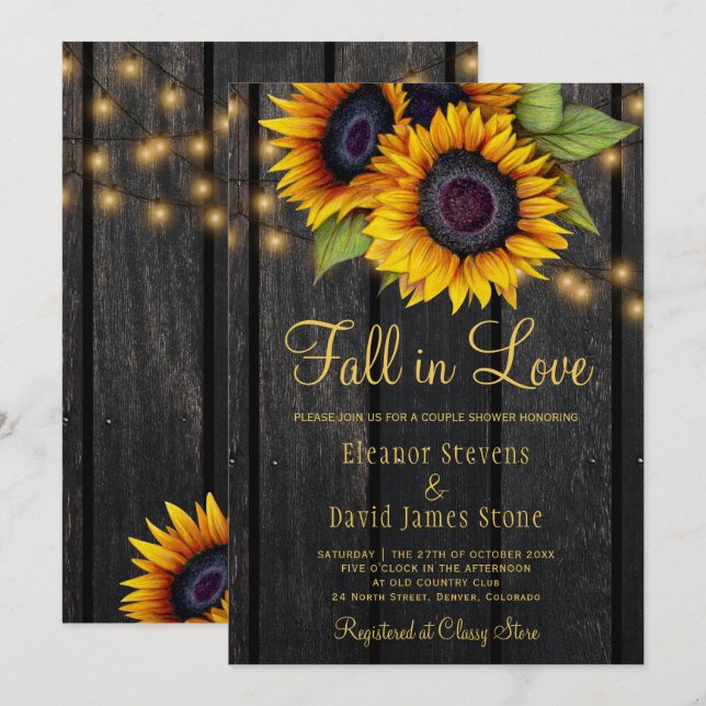 Fall in Love Rustic sunflowers wood couples shower Invitation (Front/Back)