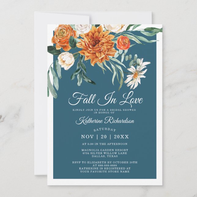 Fall In Love Rustic Teal Blue Fall Bridal Shower Invitation (Front)