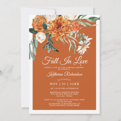 Fall In Love Rustic Terracotta Fall Bridal Shower Invitation