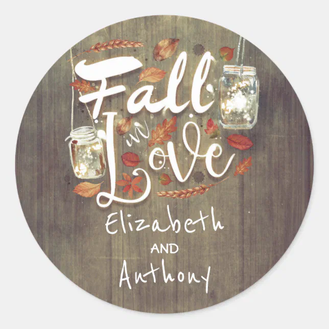 Fall in Love Rustic Wedding Mason Jar Lights Classic Round Sticker | Zazzle