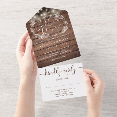 Fall In Love Rustic Wood Autumn Wedding All In One Invitation