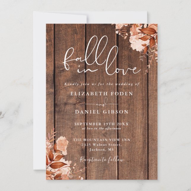 Fall In Love Rustic Wood Floral QR Code Wedding Invitation (Front)