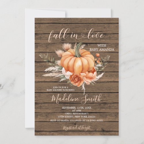 Fall In Love Rustic Wood Pumpkin With Baby Shower Invitation