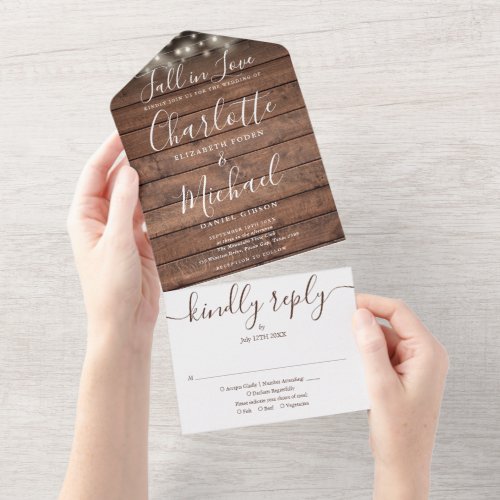 Fall In Love Rustic Wood String Lights Wedding  All In One Invitation