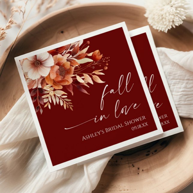 Fall In Love Rusty Burgundy Floral Bridal Shower Napkins (Creator Uploaded)