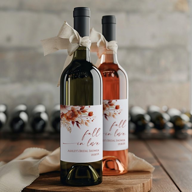 Fall In Love Rusty Burgundy Floral Bridal Shower Wine Label (Creator Uploaded)